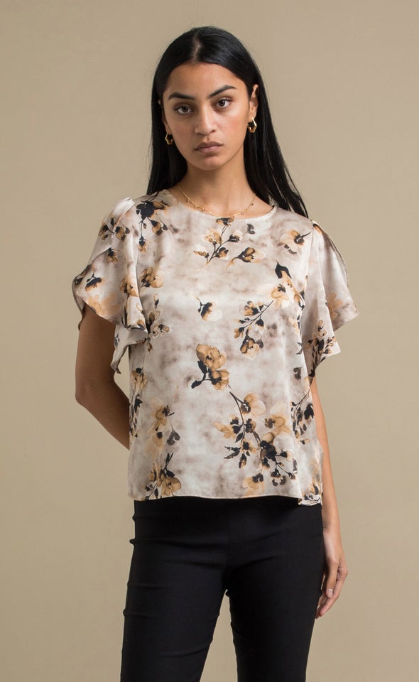 Printed Satin Tulip Sleeve Top Rust/floral