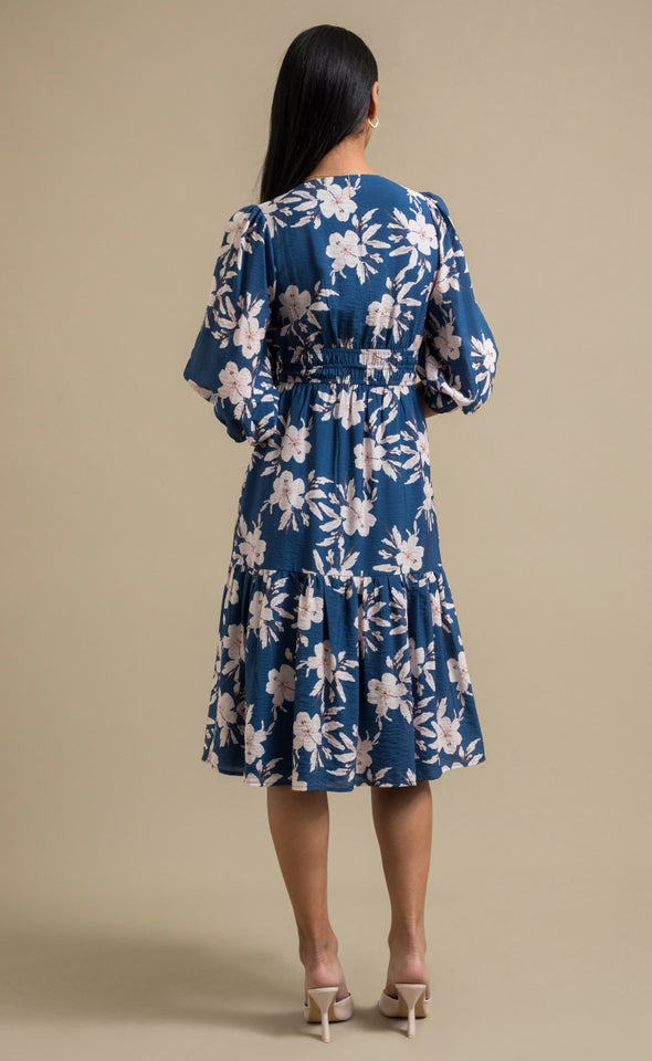 Printed Tie Front Midi Dress Blue/floral