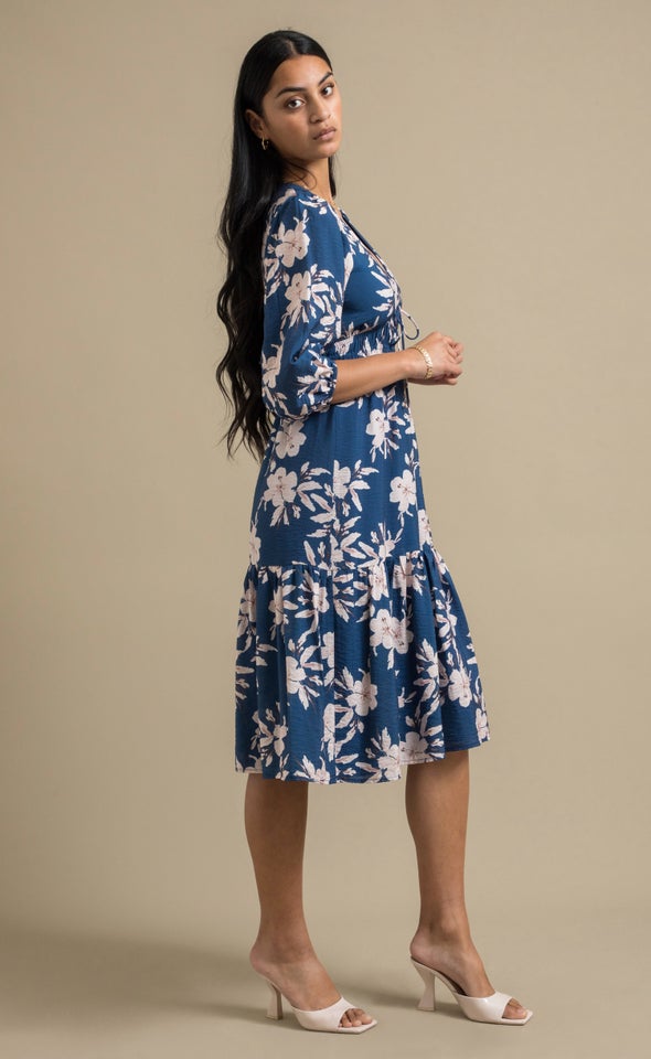 Printed Tie Front Midi Dress Blue/floral