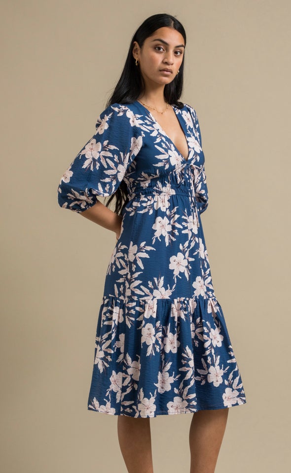 Printed Tie Front Midi Dress Blue/floral