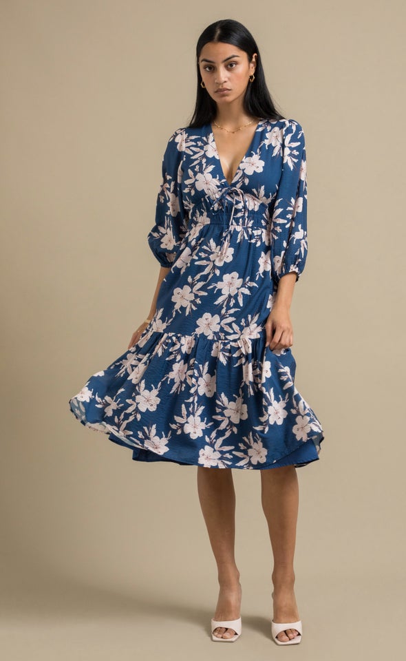 Printed Tie Front Midi Dress Blue/floral