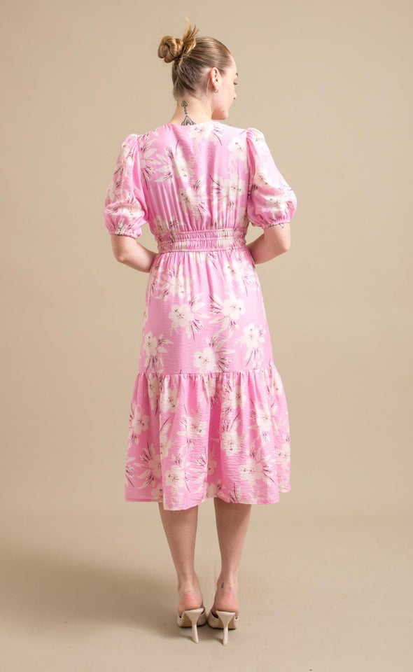 Printed Tie Front SS Midi Dress Pink/floral