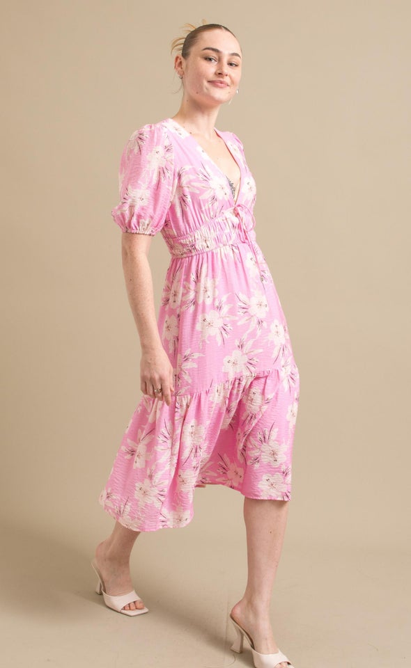 Printed Tie Front SS Midi Dress Pink/floral