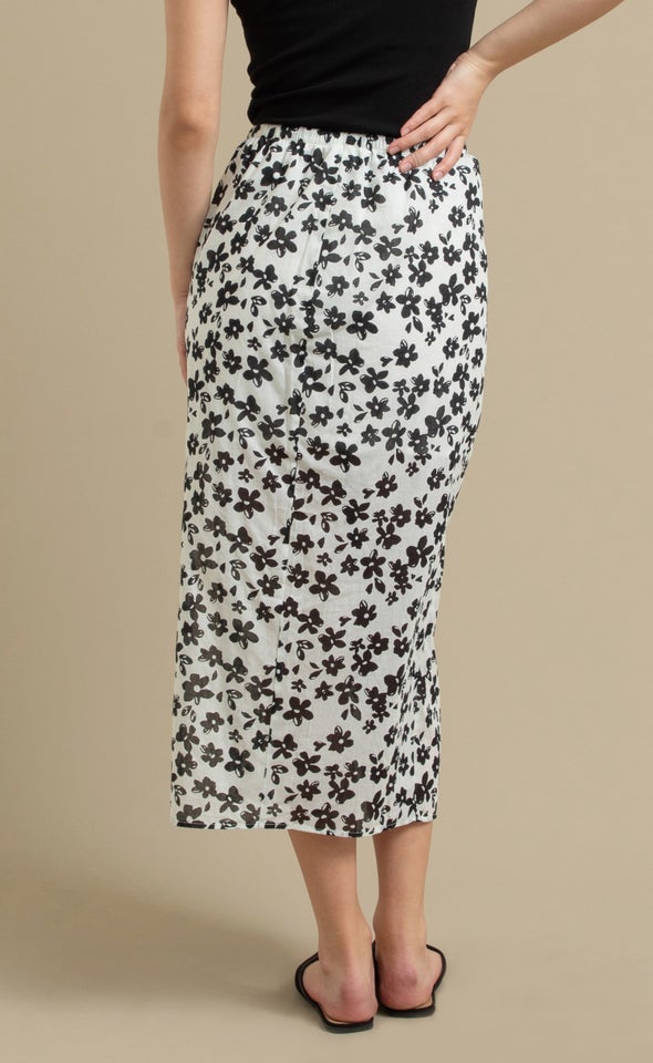 Printed Voile Drawcord Midi Skirt Cream/black