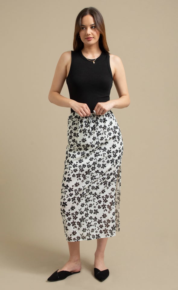 Printed Voile Drawcord Midi Skirt Cream/black