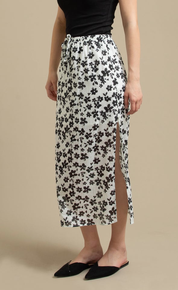 Printed Voile Drawcord Midi Skirt Cream/black