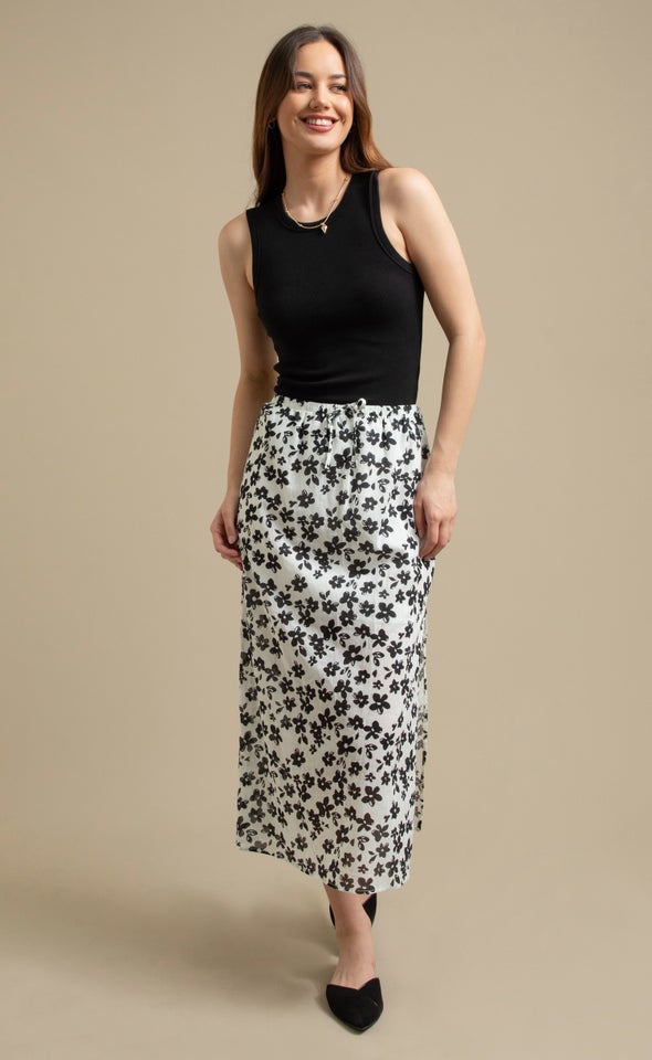 Printed Voile Drawcord Midi Skirt Cream/black