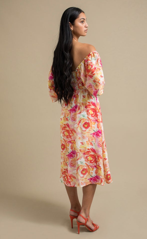 Printed Voile Flutter Sleeve Dress Cream/floral