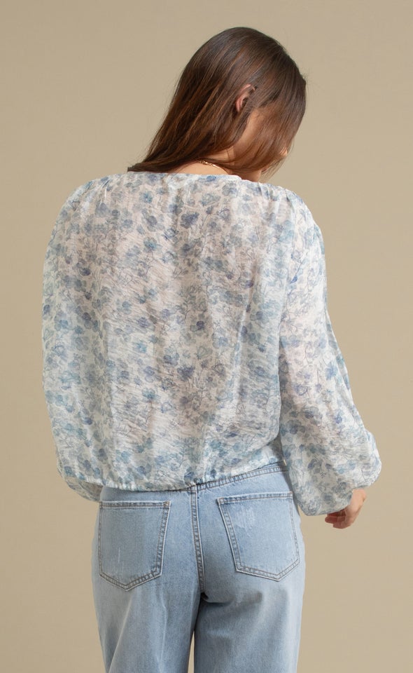 Printed Voile Tie Front Top Cream/blue Floral