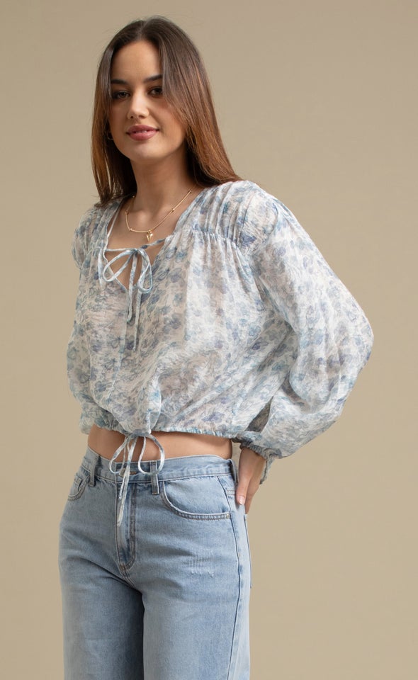 Printed Voile Tie Front Top Cream/blue Floral