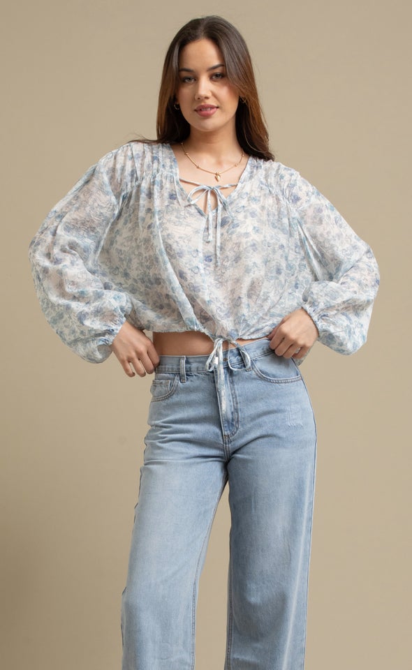 Printed Voile Tie Front Top Cream/blue Floral