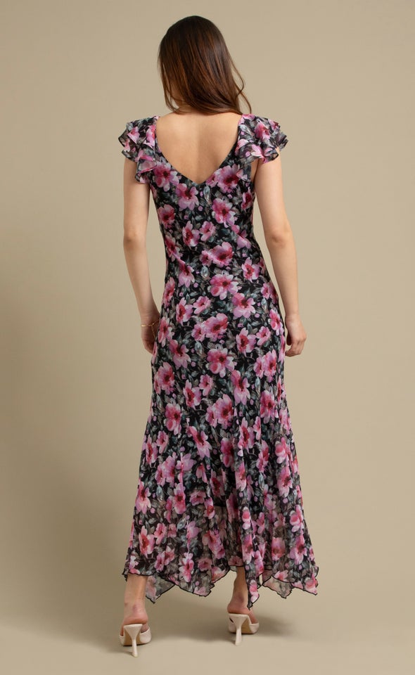 Ptd Chiffon Flutter Slv Midi Dress Black/floral