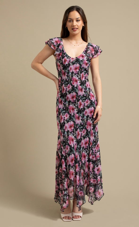 Ptd Chiffon Flutter Slv Midi Dress Black/floral