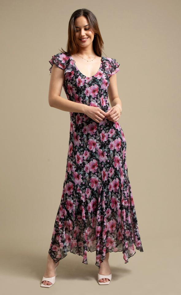 Ptd Chiffon Flutter Slv Midi Dress Black/floral