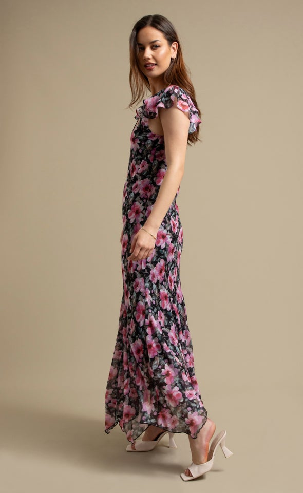 Ptd Chiffon Flutter Slv Midi Dress Black/floral