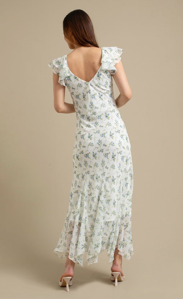 Ptd Chiffon Flutter Slv Midi Dress Cream/blue Floral