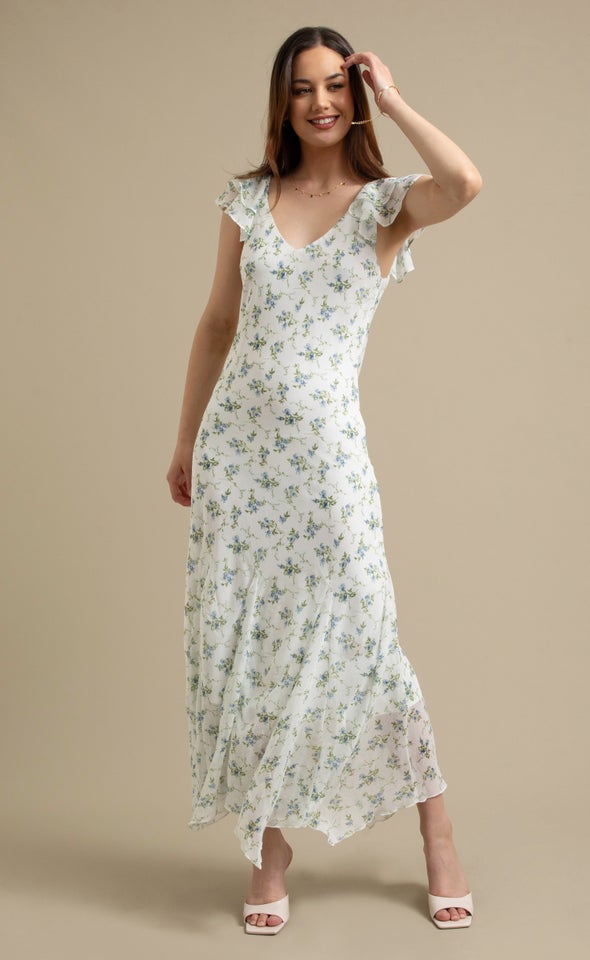 Ptd Chiffon Flutter Slv Midi Dress Cream/blue Floral