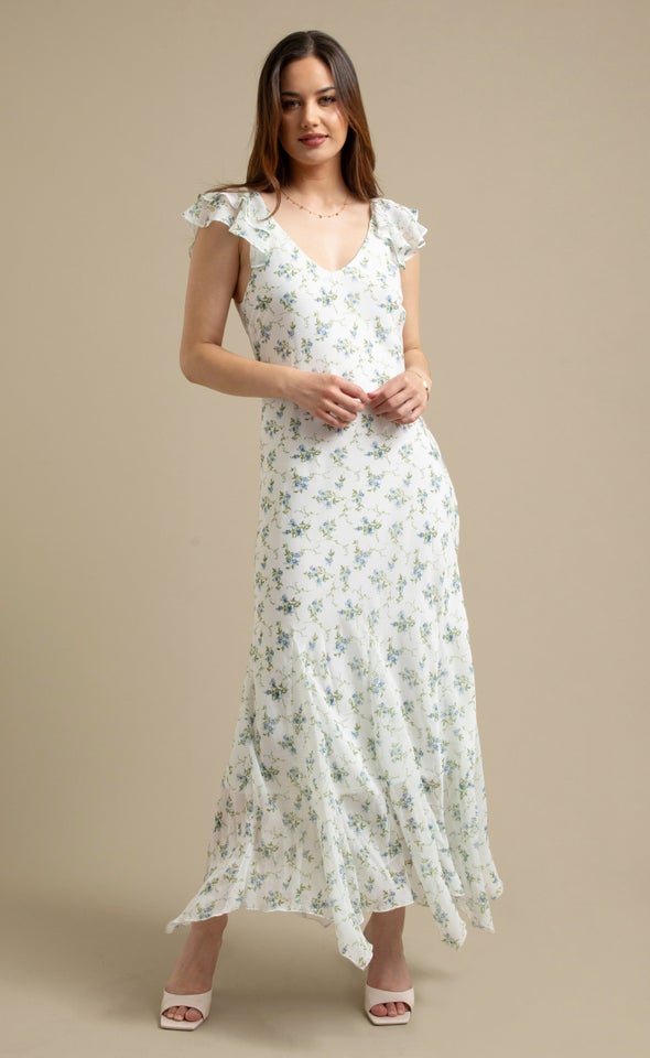 Ptd Chiffon Flutter Slv Midi Dress Cream/blue Floral