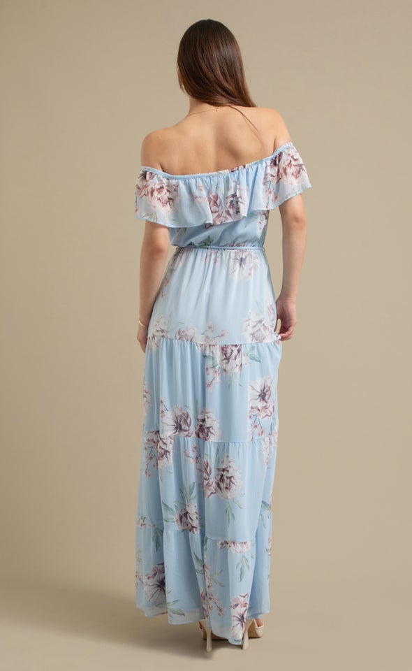 Ptd Chiffon Off The Shoulder Maxi Blue/floral