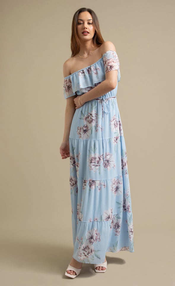 Ptd Chiffon Off The Shoulder Maxi Blue/floral