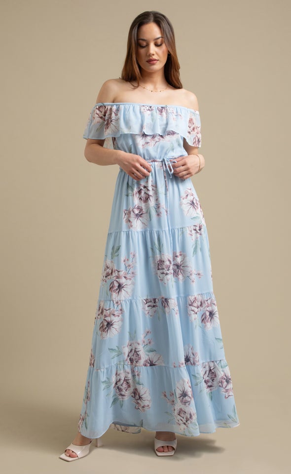 Ptd Chiffon Off The Shoulder Maxi Blue/floral