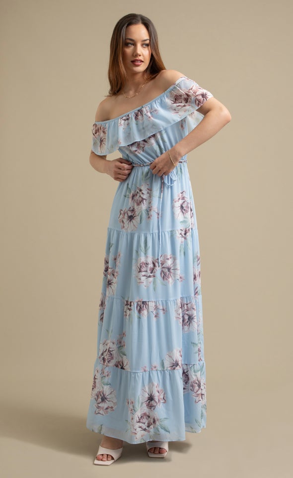 Ptd Chiffon Off The Shoulder Maxi Blue/floral