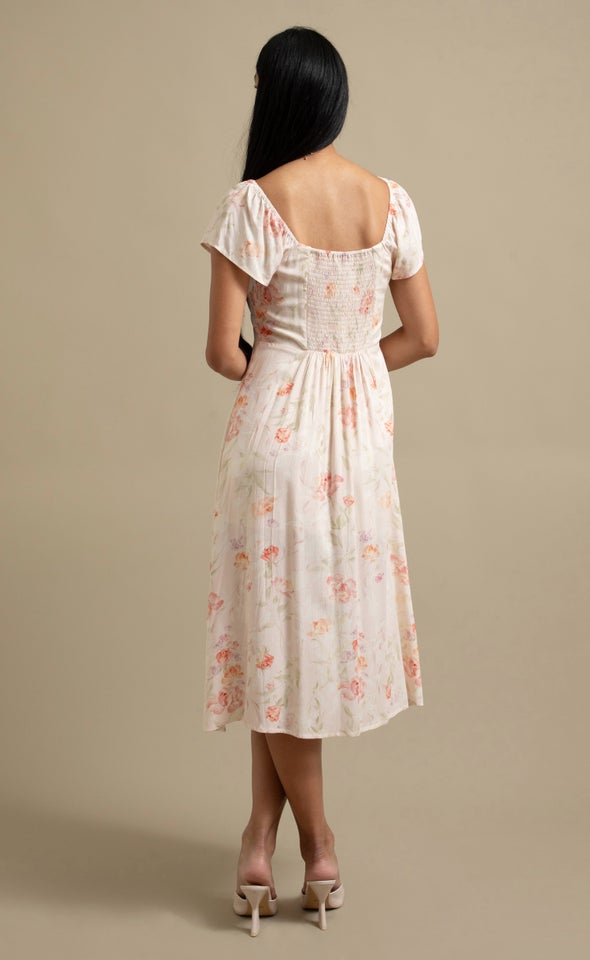 Ptd Linen Sweetheart Detail Midi Dress Blush/floral