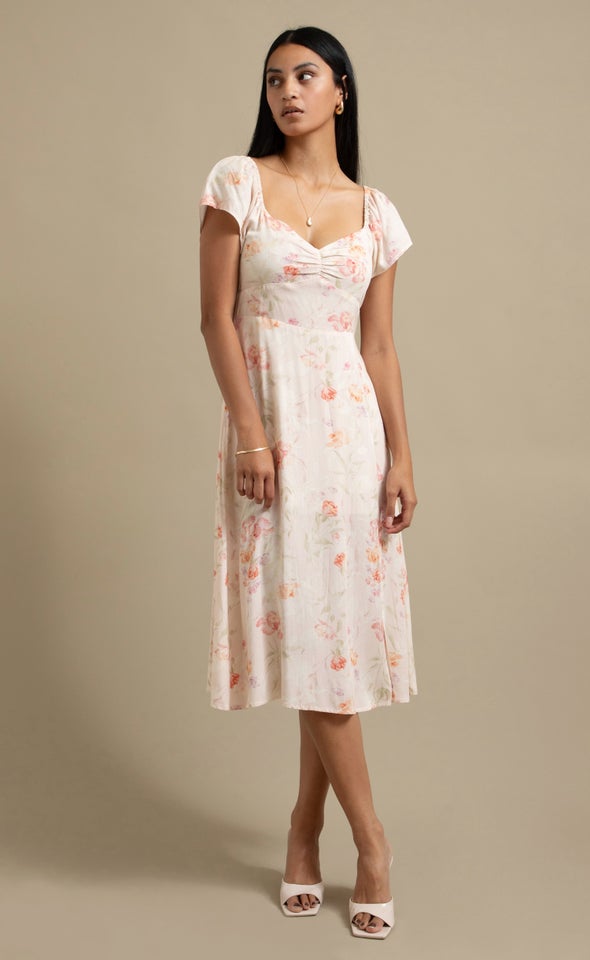 Ptd Linen Sweetheart Detail Midi Dress Blush/floral