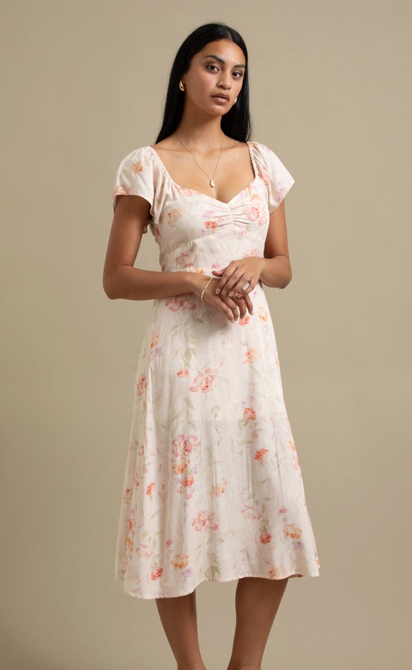 Ptd Linen Sweetheart Detail Midi Dress Blush/floral