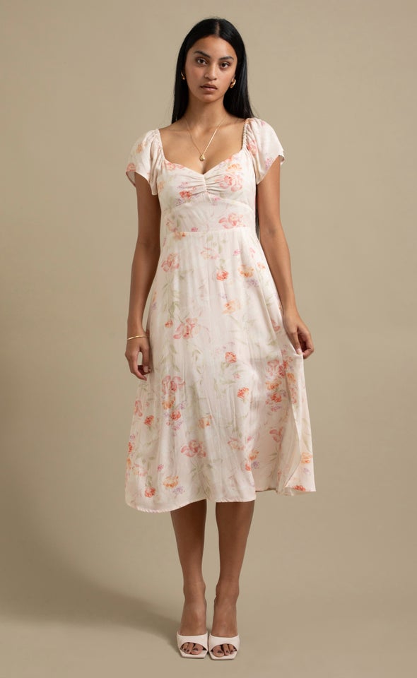 Ptd Linen Sweetheart Detail Midi Dress Blush/floral