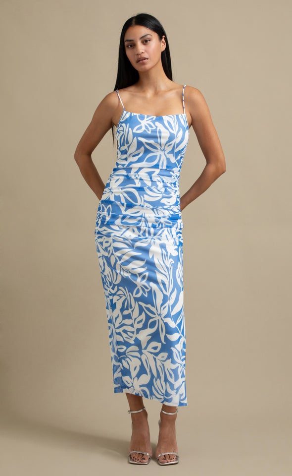 Ptd Mesh Ruched Maxi Blue/white Floral