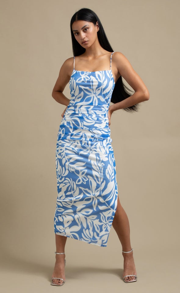 Ptd Mesh Ruched Maxi Blue/white Floral