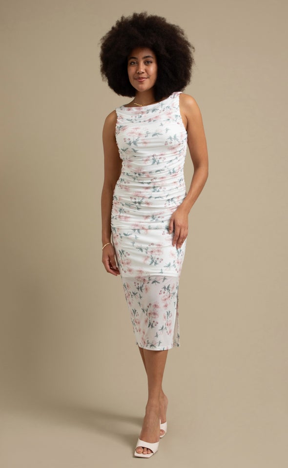 Ptd Mesh Ruched Midi Dress Cream/blush Floral