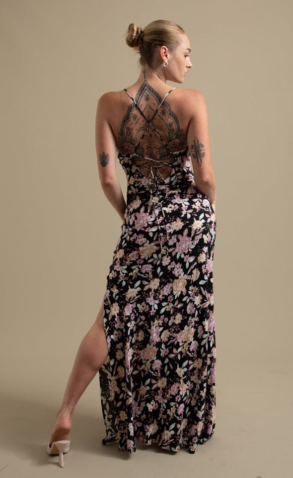 Ptd Poplin Bias Slip Maxi Black/pink Floral