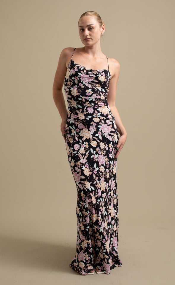 Ptd Poplin Bias Slip Maxi Black/pink Floral