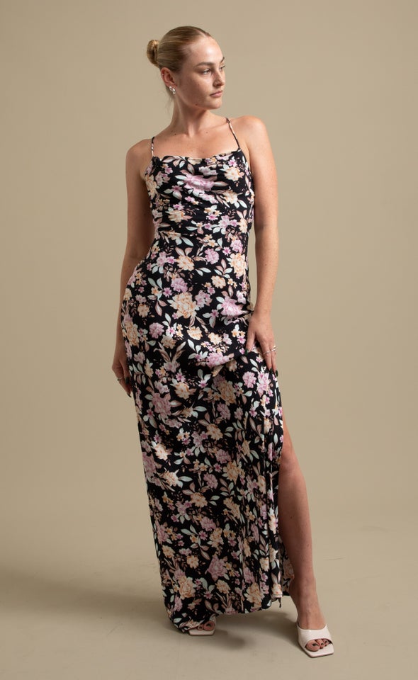 Ptd Poplin Bias Slip Maxi Black/pink Floral