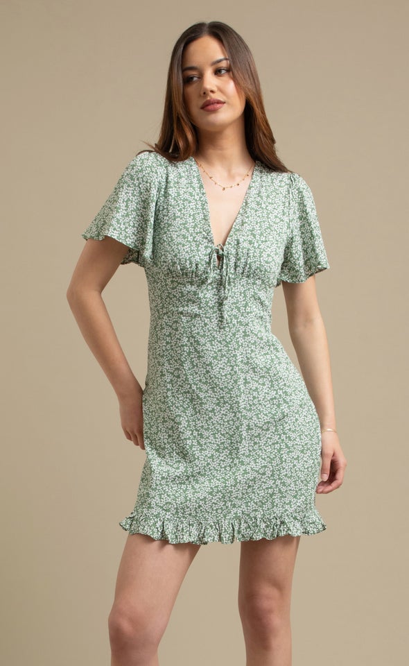 Ptd Rayon Tie Front Dress Sage/floral