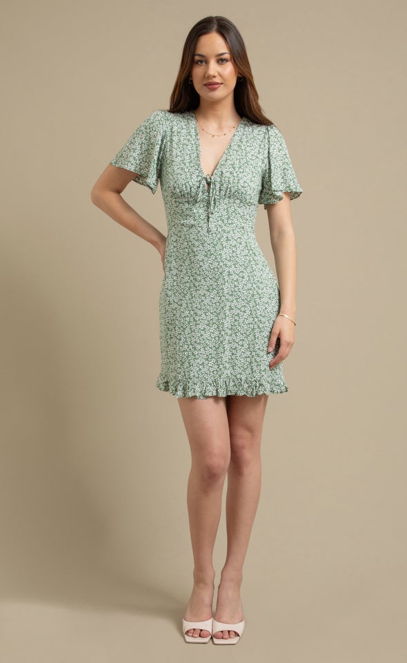 Ptd Rayon Tie Front Dress Sage/floral