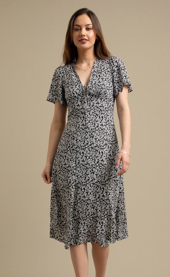 Ptd Rayon Tie Front Midi Dress Black/white Floral