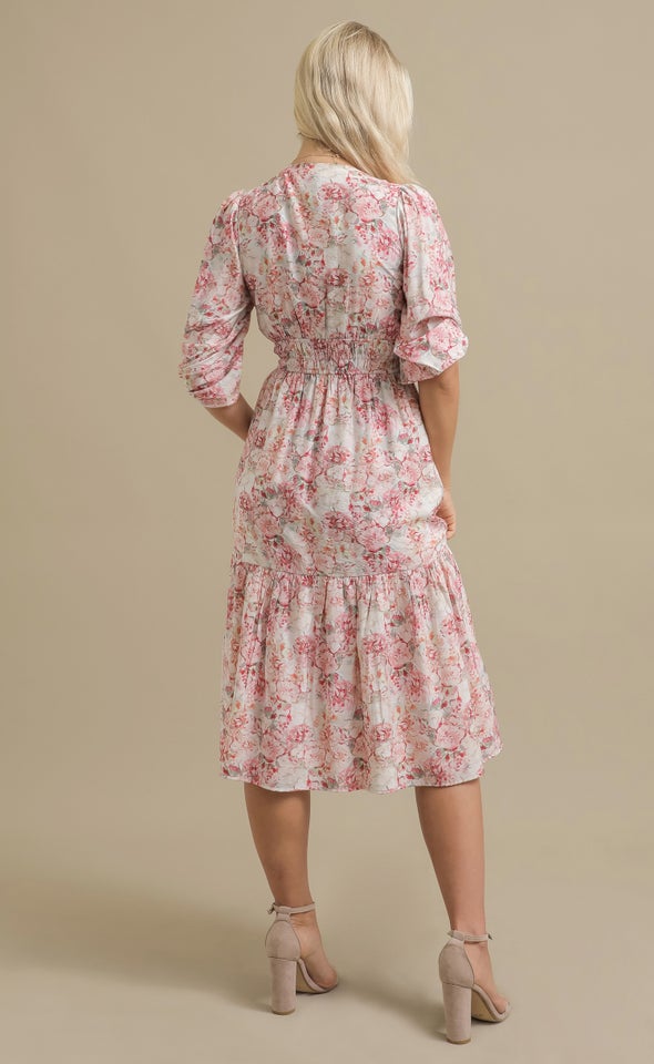 Ptd Voile Tie Front Midi Dress Cream/pink Floral