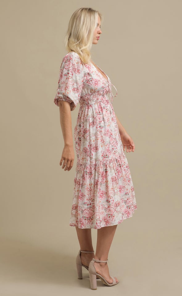 Ptd Voile Tie Front Midi Dress Cream/pink Floral