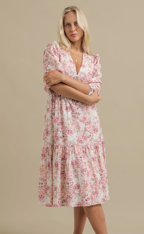 Ptd Voile Tie Front Midi Dress Cream/pink Floral