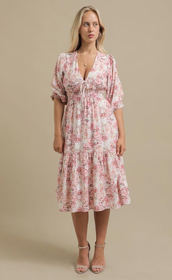 Ptd Voile Tie Front Midi Dress Cream/pink Floral