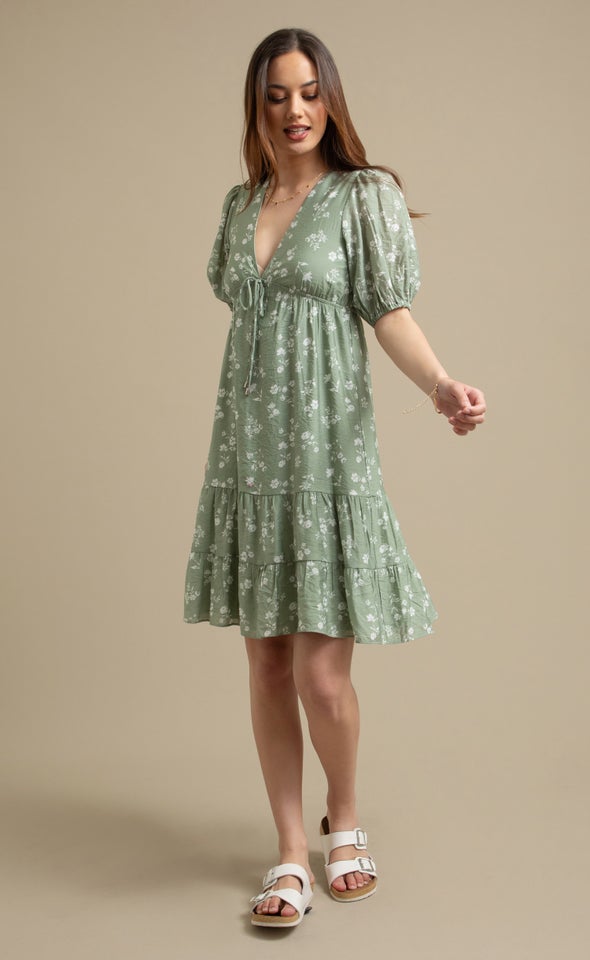 Ptd Voile Tier Mini Dress Sage Floral