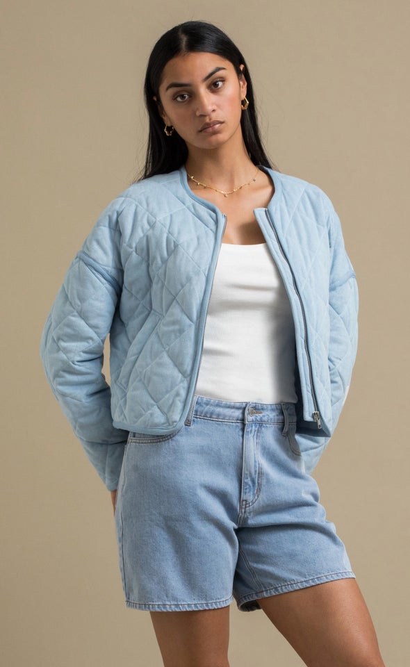 Quilted Zip Front Jacket Light Blue