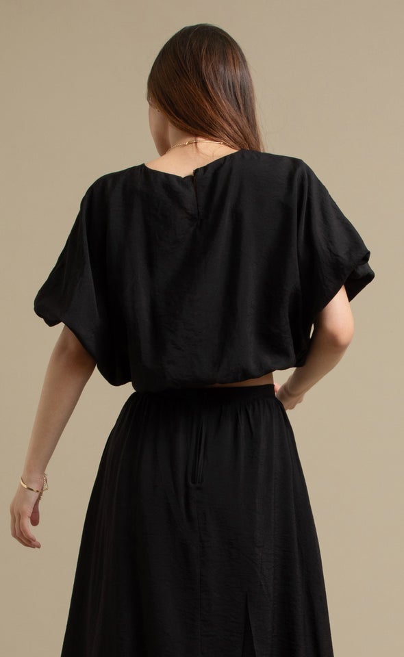 Rayon Puff Short Sleeve Top Black