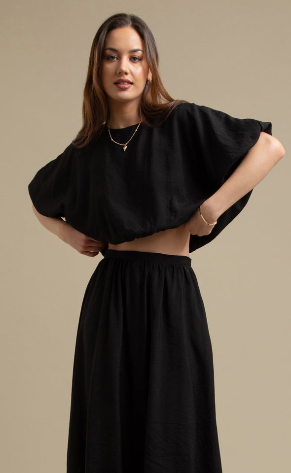 Rayon Puff Short Sleeve Top Black