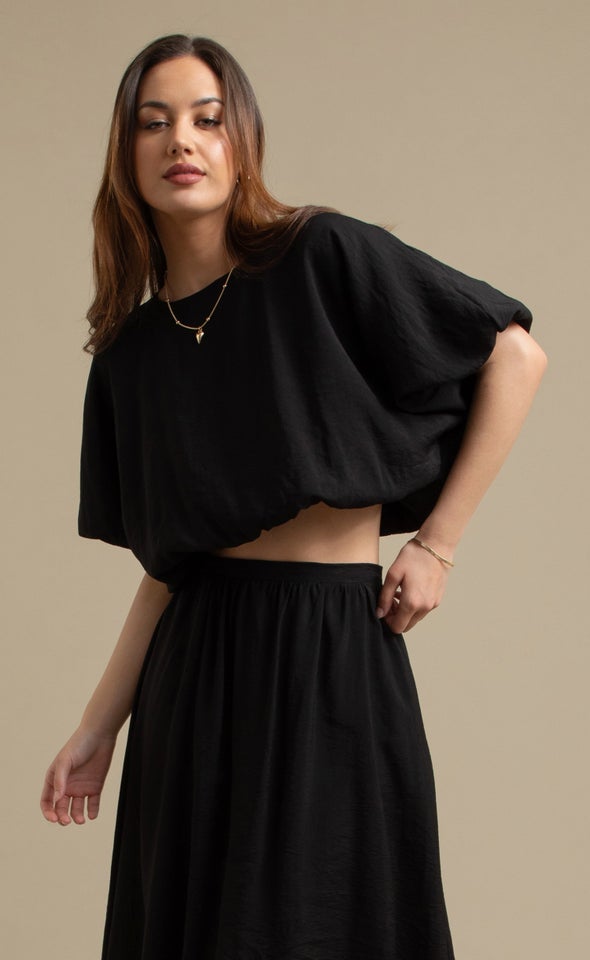 Rayon Puff Short Sleeve Top Black