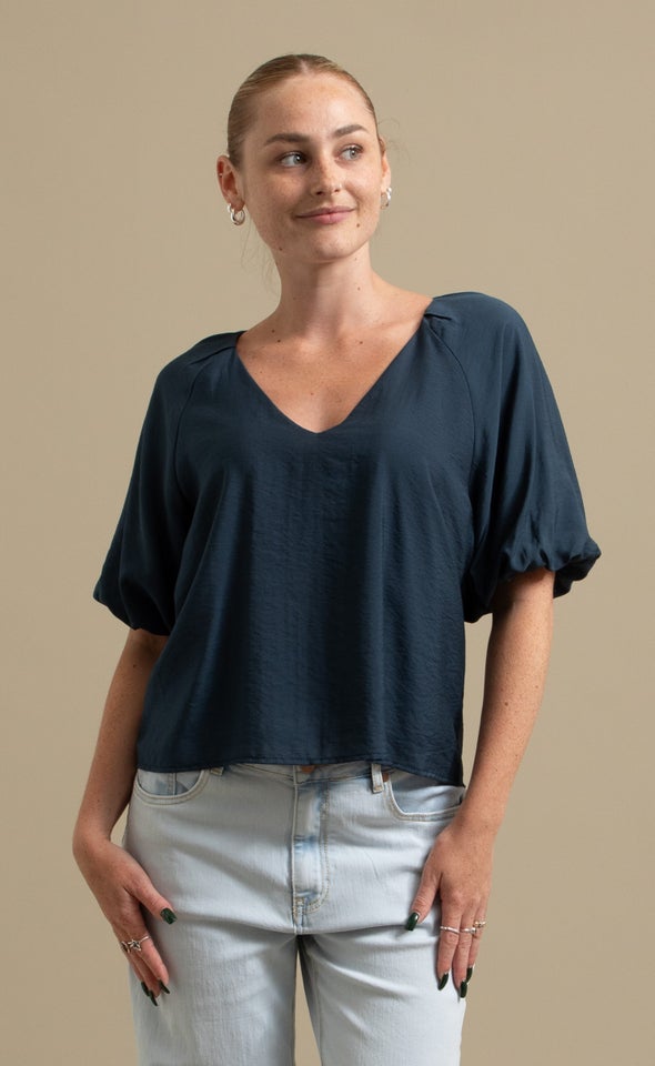 Rayon Puff Sleeve V Neck Top Charcoal