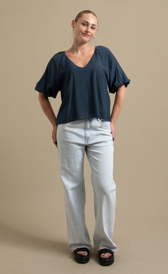 Rayon Puff Sleeve V Neck Top Charcoal